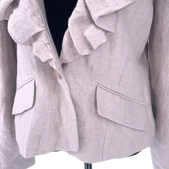BCBG MAXAZRIA‎ Ruffle Collared Linen Blend Jacket Blazer Size 10P Purple/Pink - Picture 3 of 12